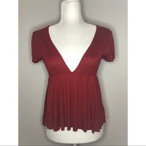 UO Burnt Orange Ribbed Deep V-Neck Shirt